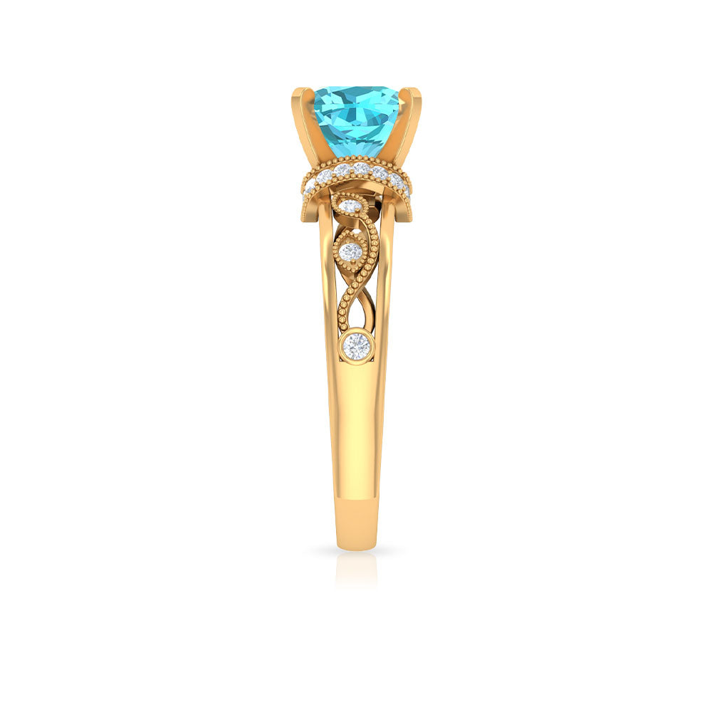 Cushion Cut Swiss Blue Topaz Solitaire Ring with Diamond Accents and Milgrain Details Swiss Blue Topaz - ( AAA ) - Quality - Rosec Jewels