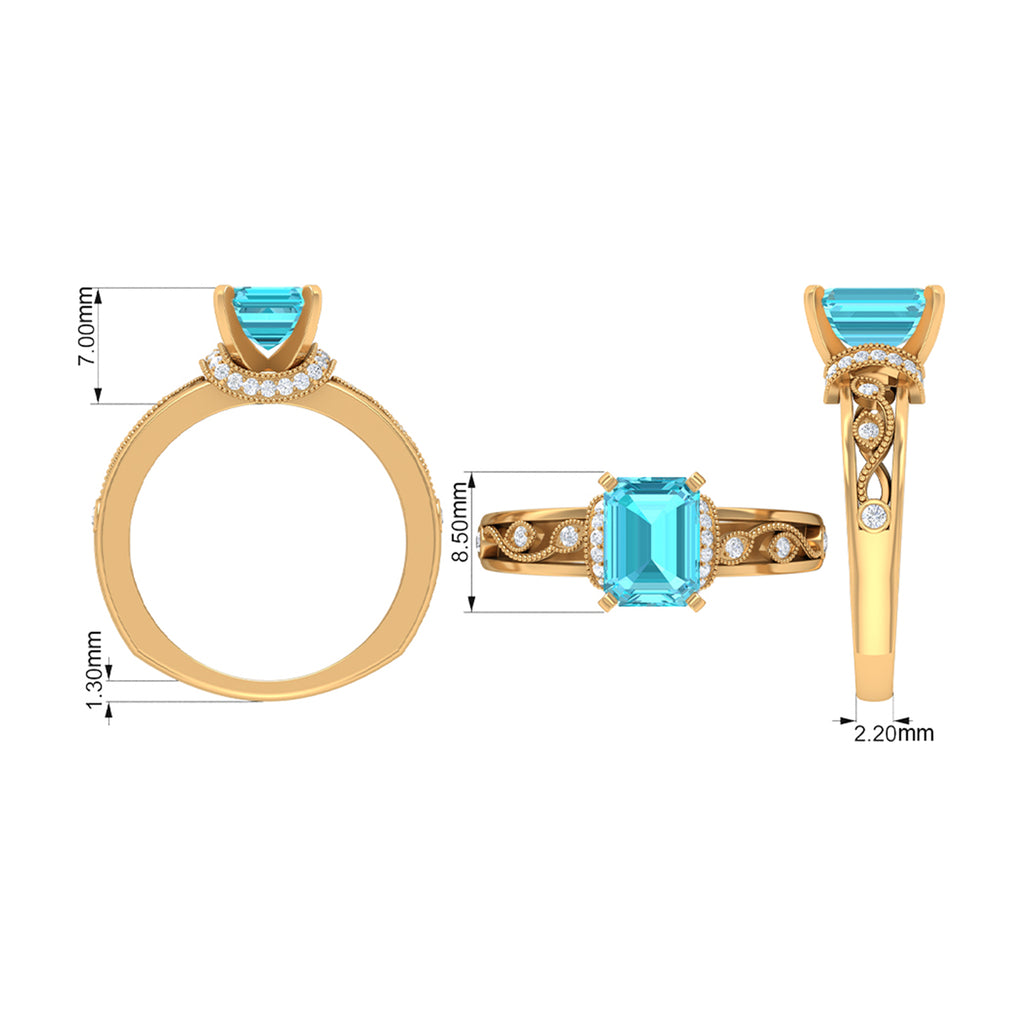 Swiss Blue Topaz Solitaire Ring with Diamond Accent and Milgrain Details Swiss Blue Topaz - ( AAA ) - Quality - Rosec Jewels