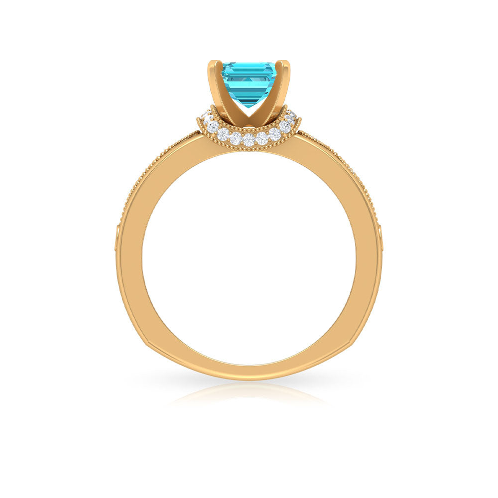 Swiss Blue Topaz Solitaire Ring with Diamond Accent and Milgrain Details Swiss Blue Topaz - ( AAA ) - Quality - Rosec Jewels