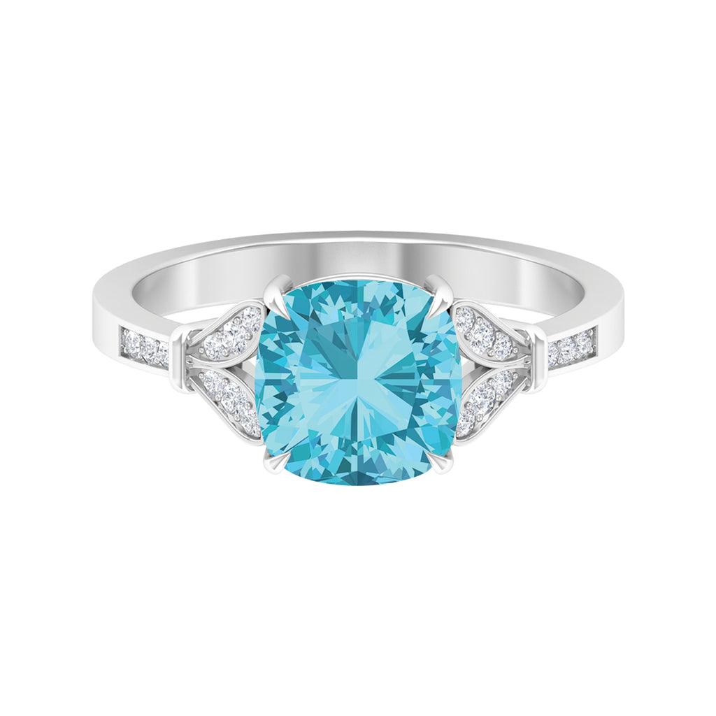 2.75 CT Cushion Cut Swiss Blue Topaz Solitaire with Diamond Side Stone Ring Swiss Blue Topaz - ( AAA ) - Quality - Rosec Jewels