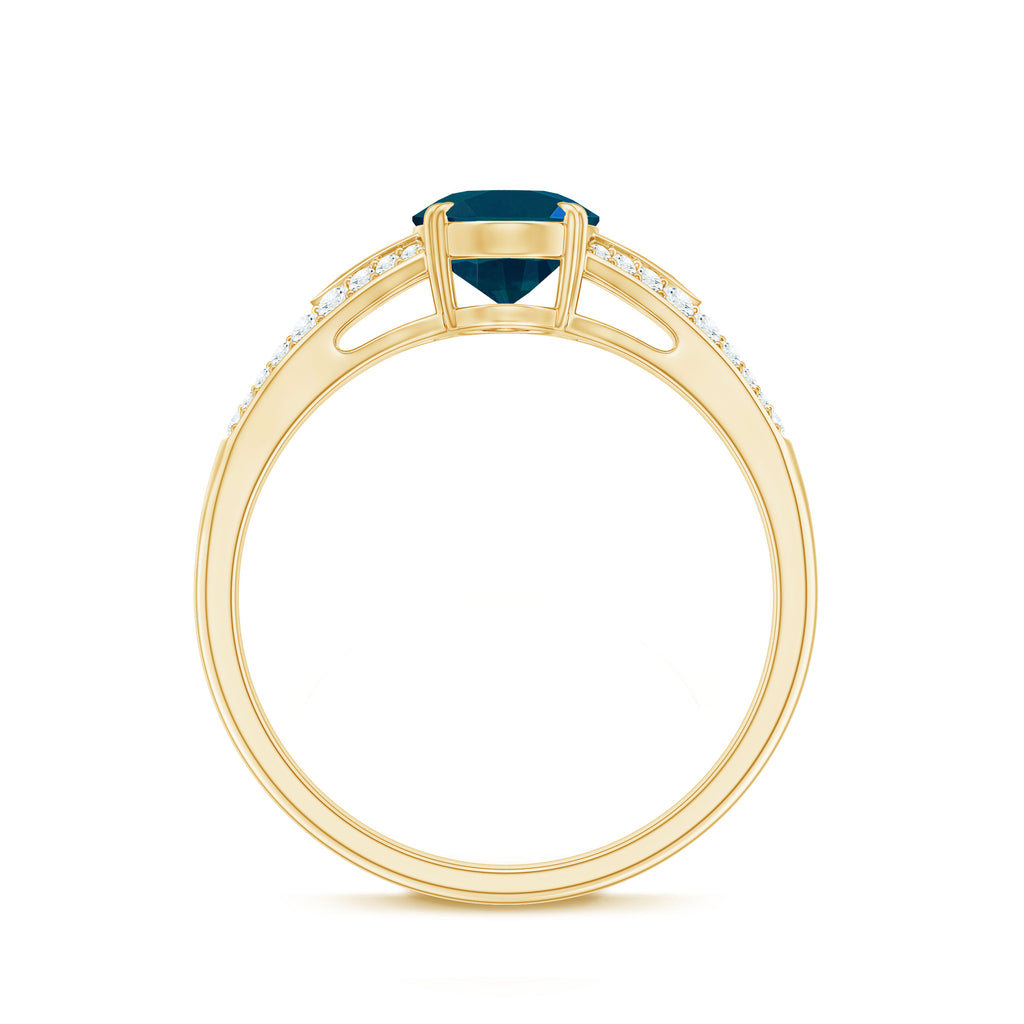 Oval Shape London Blue Topaz Solitaire Ring with Diamond Split Shank London Blue Topaz - ( AAA ) - Quality - Rosec Jewels