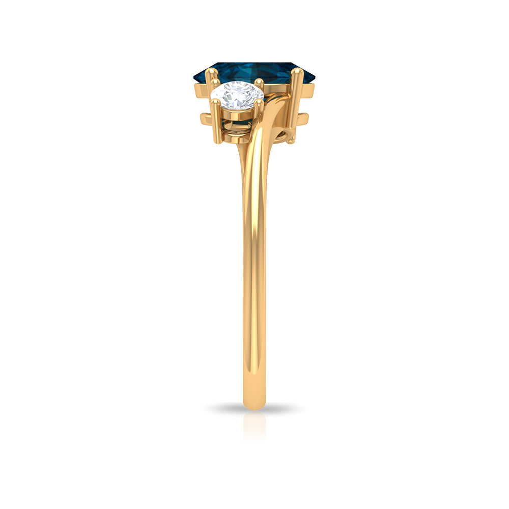 London Blue Topaz Solitaire Bypass Ring with Diamond Side Stones London Blue Topaz - ( AAA ) - Quality - Rosec Jewels