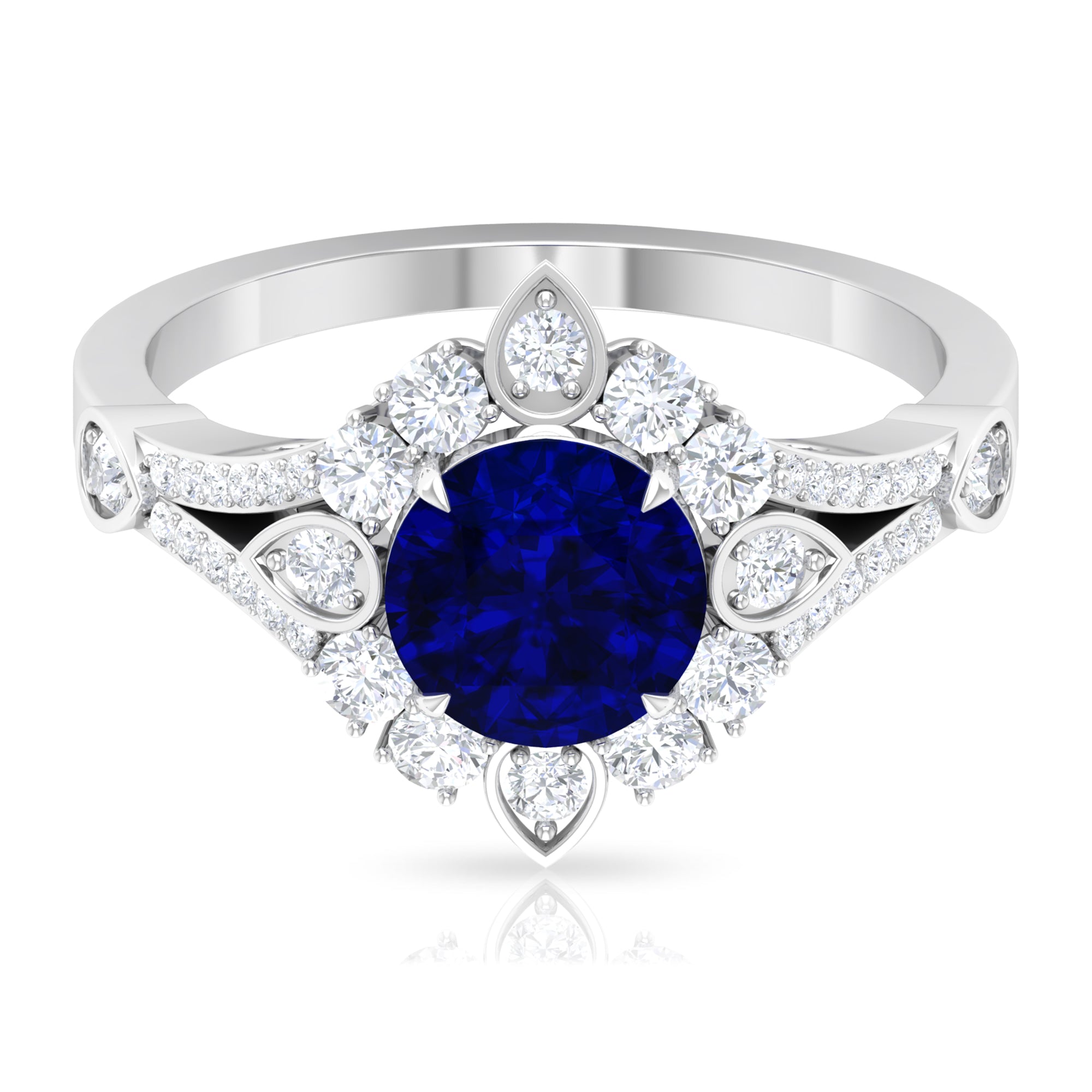 2.50 CT Vintage Inspired Created Blue Sapphire Ring with Zircon Accent Lab Created Blue Sapphire - ( AAAA ) - Quality - Rosec Jewels