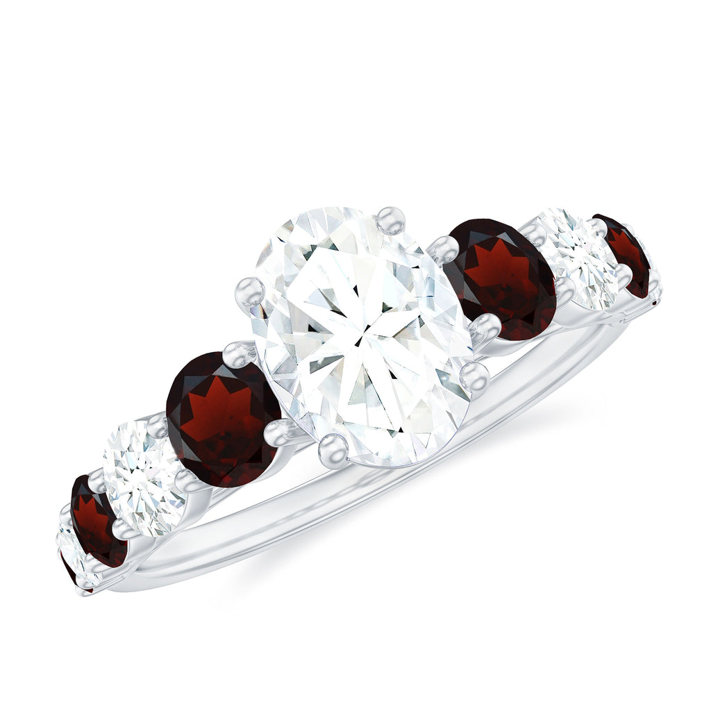 Oval Moissanite and Garnet Engagement Ring Moissanite - ( D-VS1 ) - Color and Clarity - Rosec Jewels
