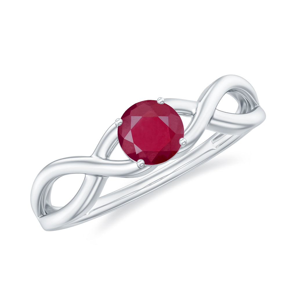 Round Ruby Solitaire Promise Ring in Crossover Shank Ruby - ( AAA ) - Quality - Rosec Jewels