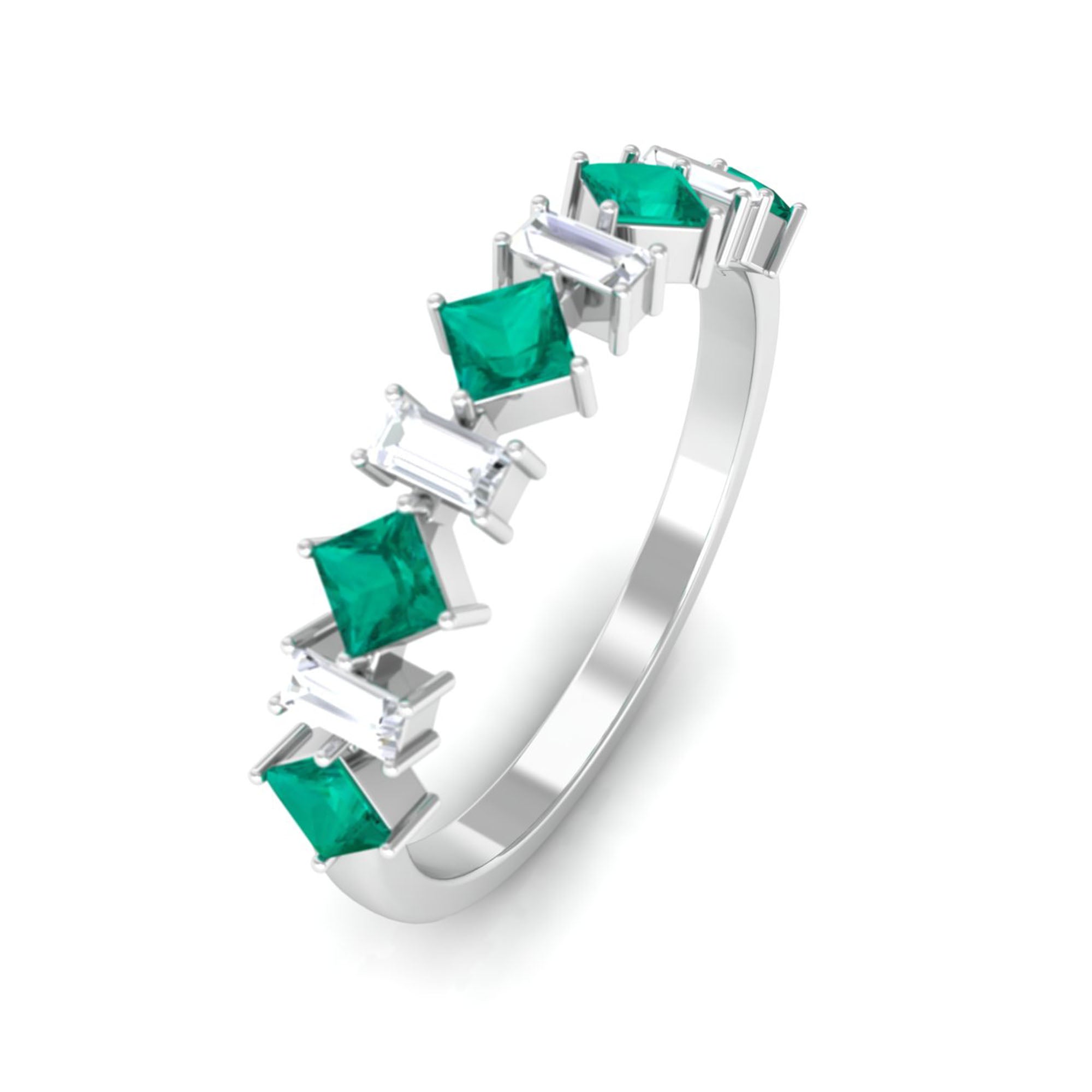 Natural Emerald and Moissanite Half Eternity Ring Emerald - ( AAA ) - Quality - Rosec Jewels
