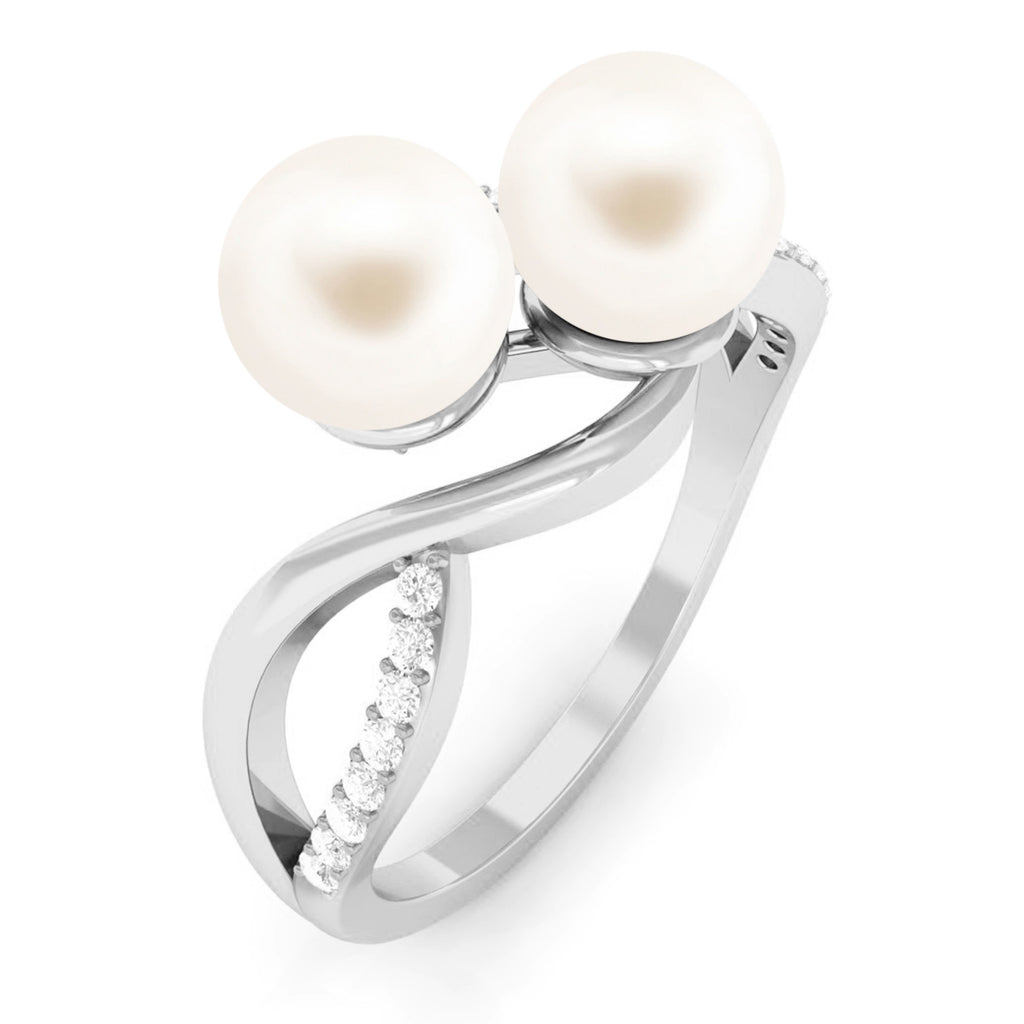 Genuine Freshwater Pearl Toi Et Moi Crossover Ring with Diamond Freshwater Pearl - ( AAA ) - Quality - Rosec Jewels