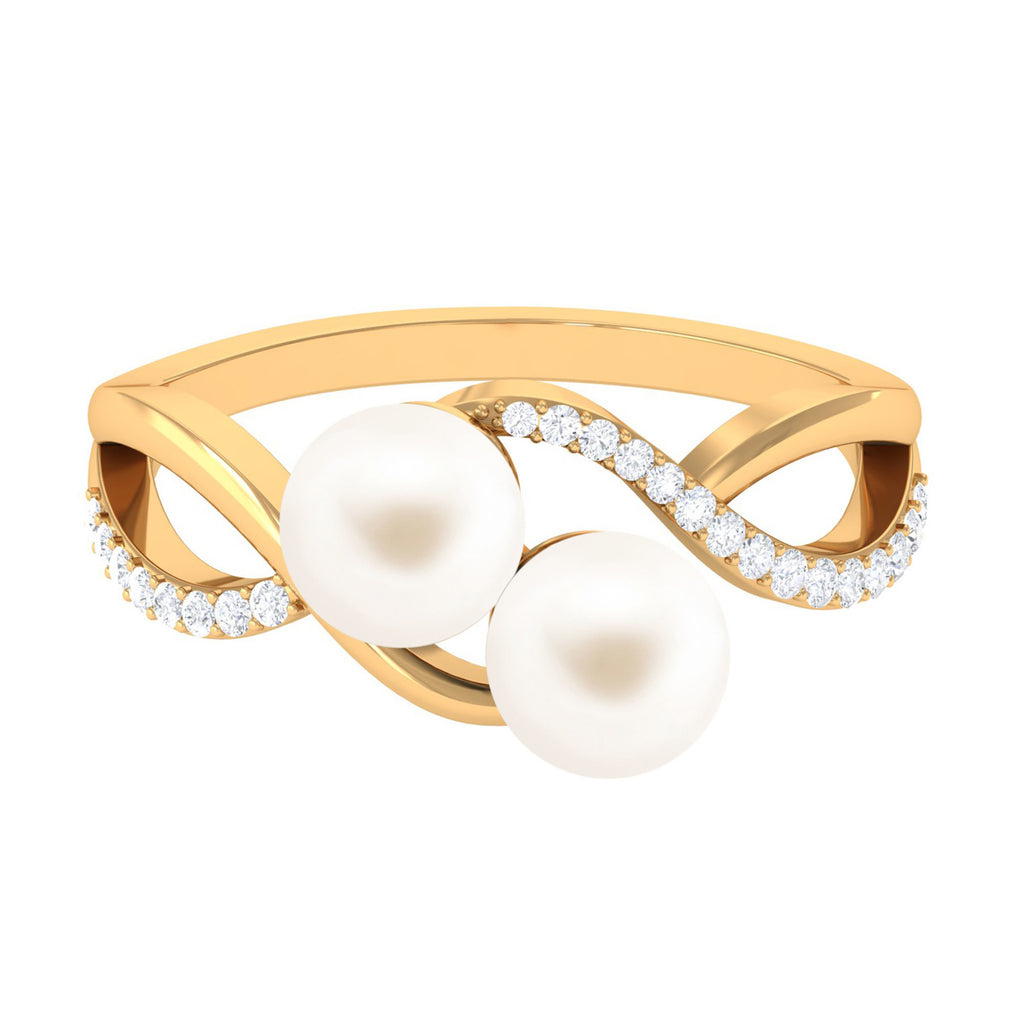 Genuine Freshwater Pearl Toi Et Moi Crossover Ring with Diamond Freshwater Pearl - ( AAA ) - Quality - Rosec Jewels