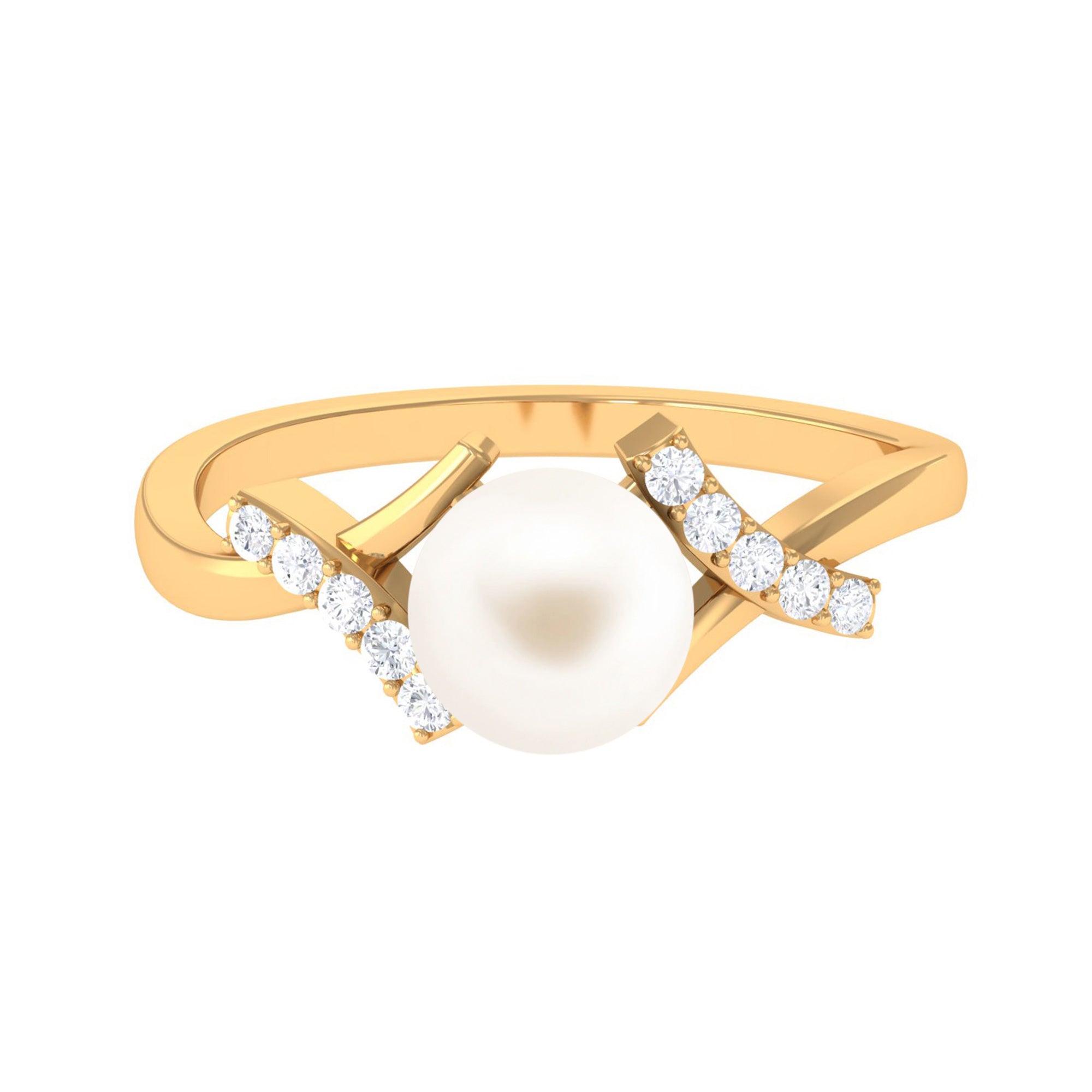 Freshwater Pearl Solitaire Crossover Engagement Ring with Diamond Freshwater Pearl - ( AAA ) - Quality - Rosec Jewels