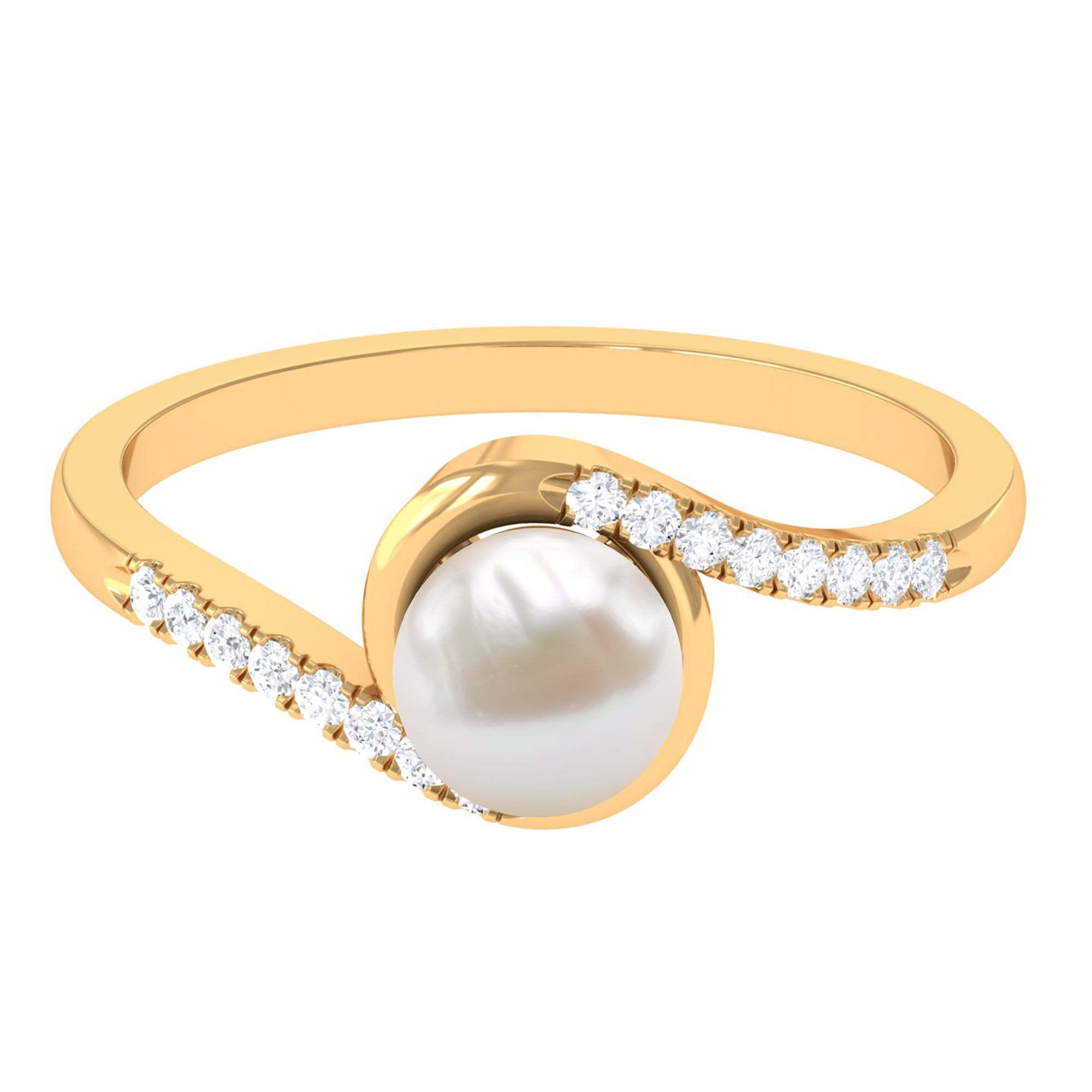 Freshwater Pearl Solitaire Bypass Engagement Ring with Diamond Accent Freshwater Pearl - ( AAA ) - Quality - Rosec Jewels