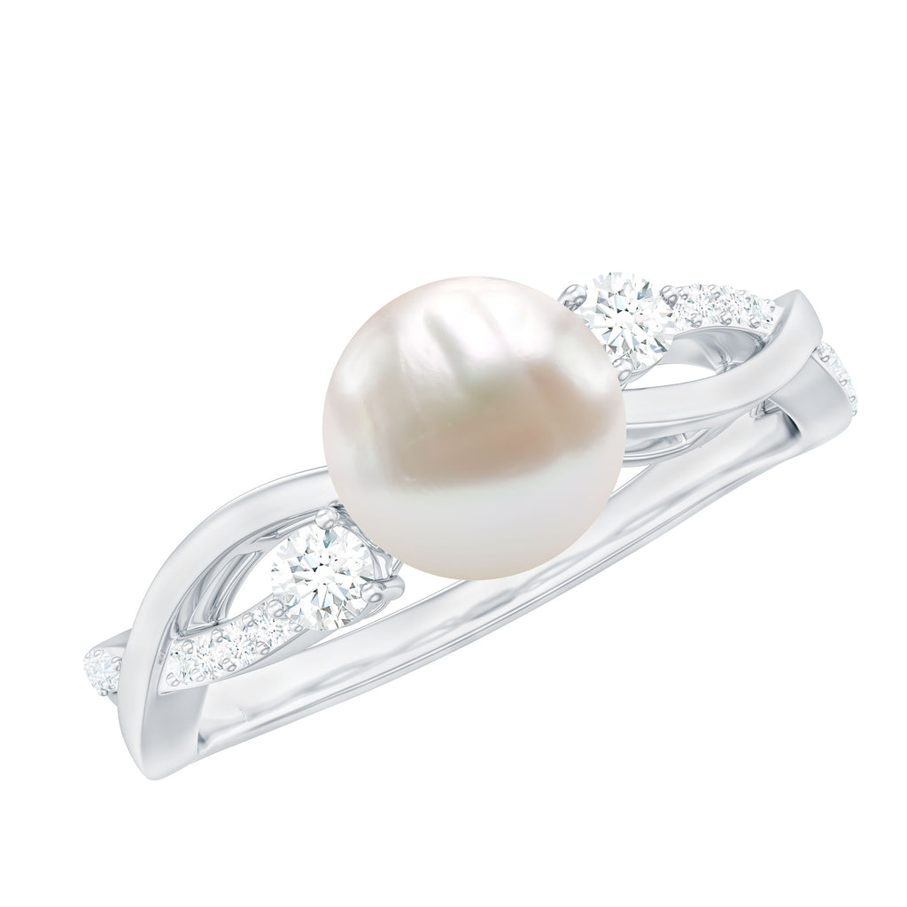 Natural Freshwater Pearl and Diamond Solitaire Crossover Ring Freshwater Pearl - ( AAA ) - Quality - Rosec Jewels