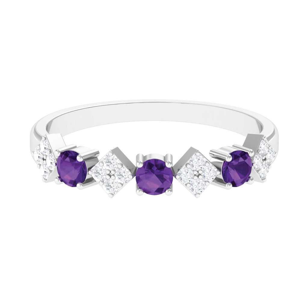 Round Amethyst and Diamond Semi Eternity Band Ring Amethyst - ( AAA ) - Quality - Rosec Jewels