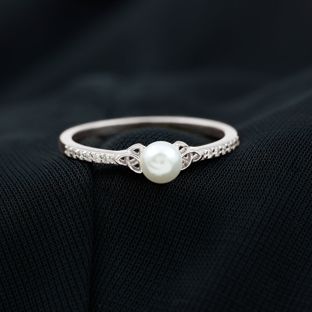 Freshwater Pearl and Diamond Side Stone Engagement Ring with Celtic Details Freshwater Pearl - ( AAA ) - Quality - Rosec Jewels