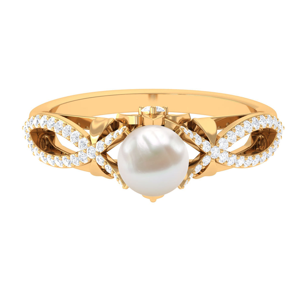 Freshwater Pearl and Diamond Crossover Engagement Ring Freshwater Pearl - ( AAA ) - Quality - Rosec Jewels