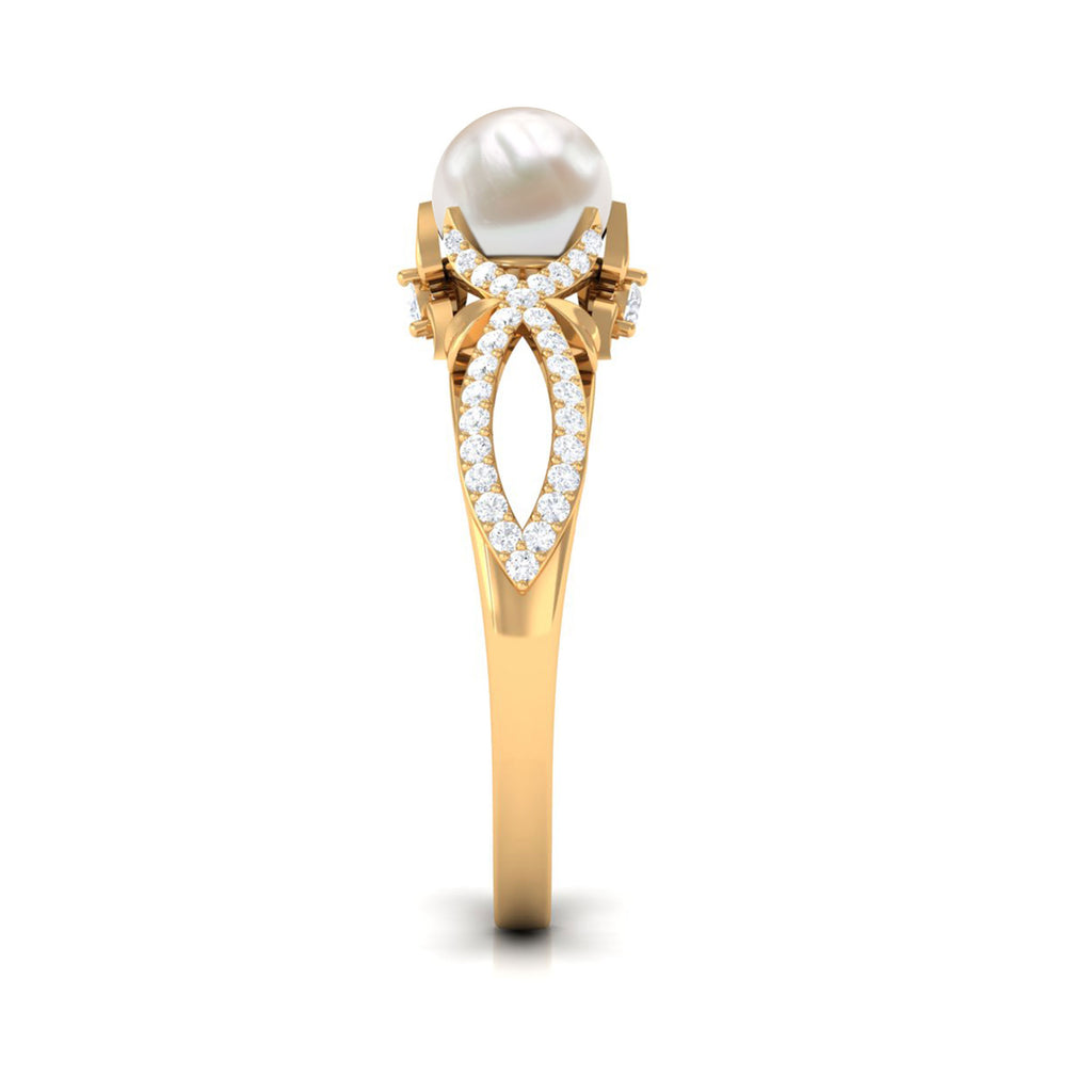 Freshwater Pearl and Diamond Crossover Engagement Ring Freshwater Pearl - ( AAA ) - Quality - Rosec Jewels