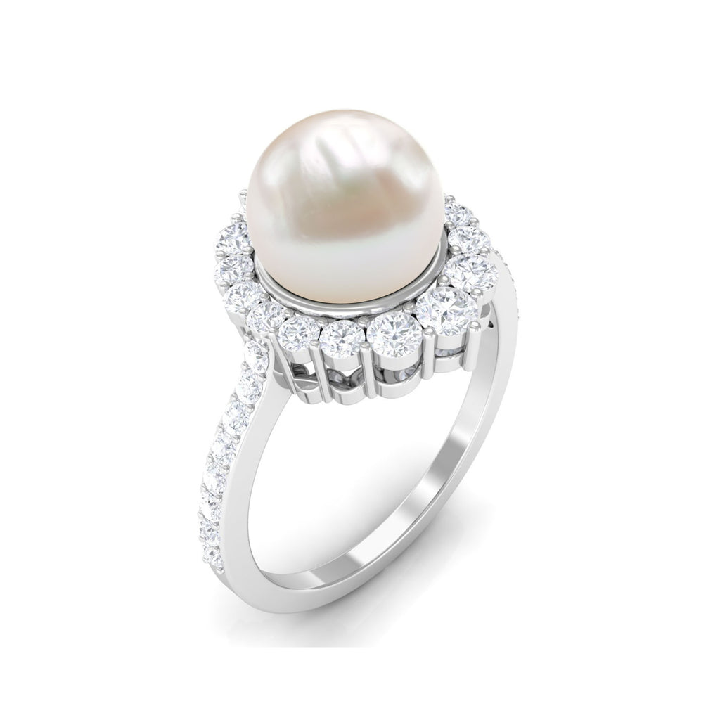 Freshwater Pearl and Diamond Halo Engagement Ring Freshwater Pearl - ( AAA ) - Quality - Rosec Jewels