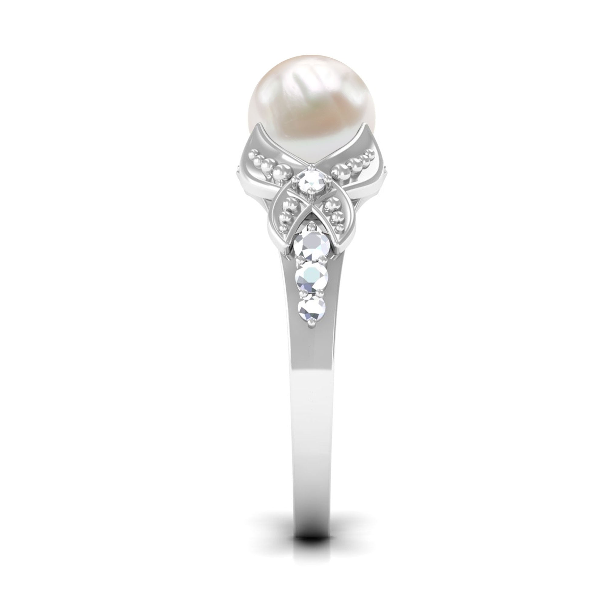 Split Shank Freshwater Pearl Solitaire Engagement Ring with Diamond Freshwater Pearl - ( AAA ) - Quality - Rosec Jewels