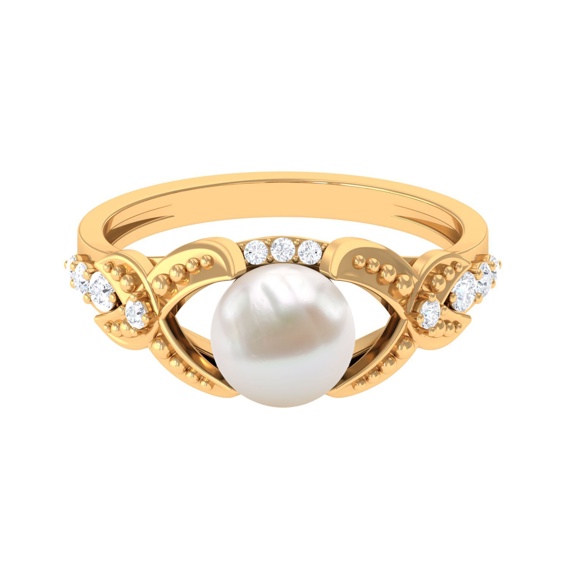 Split Shank Freshwater Pearl Solitaire Engagement Ring with Diamond Freshwater Pearl - ( AAA ) - Quality - Rosec Jewels