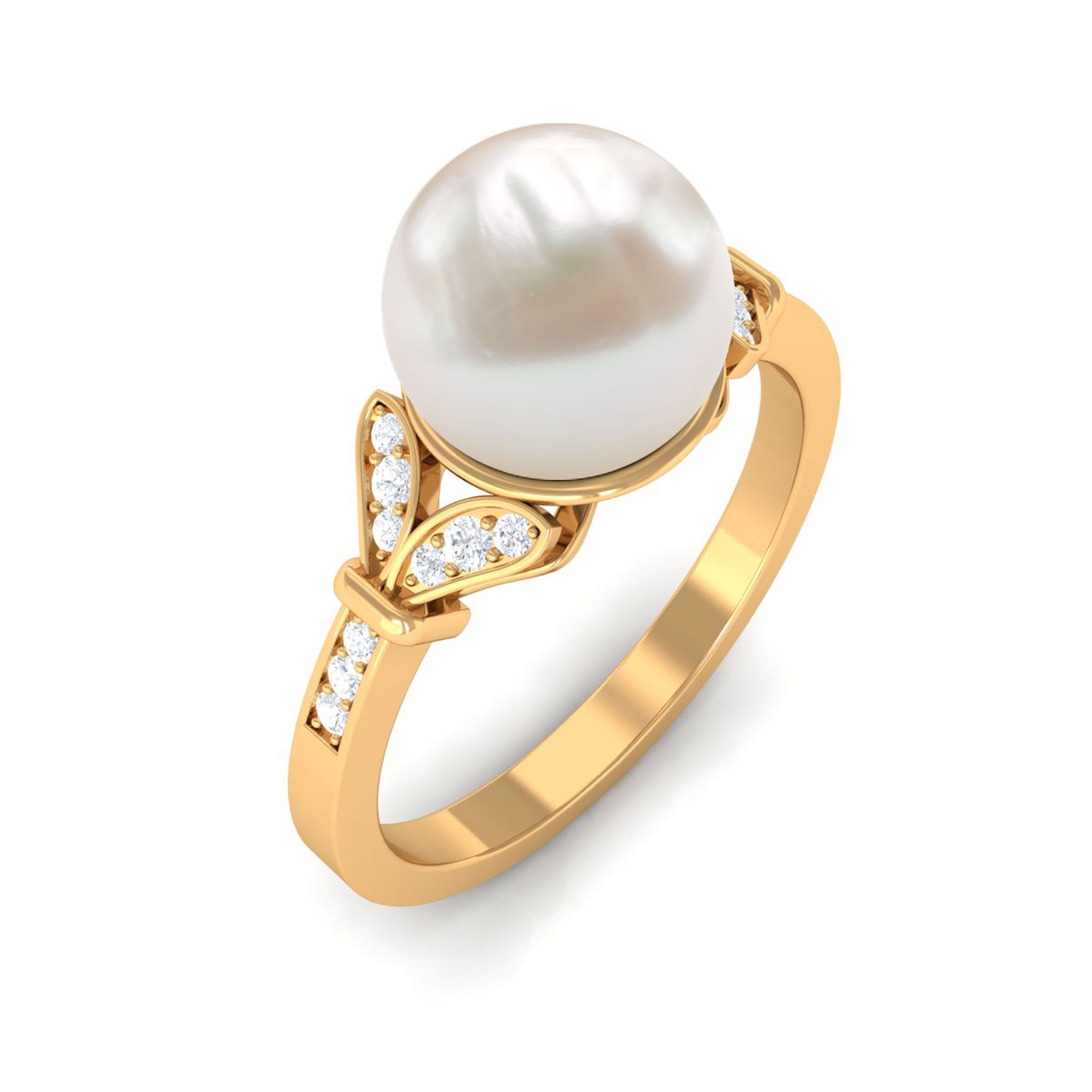 Bead Set Freshwater Pearl Solitaire Split Shank Ring with Diamond Freshwater Pearl - ( AAA ) - Quality - Rosec Jewels