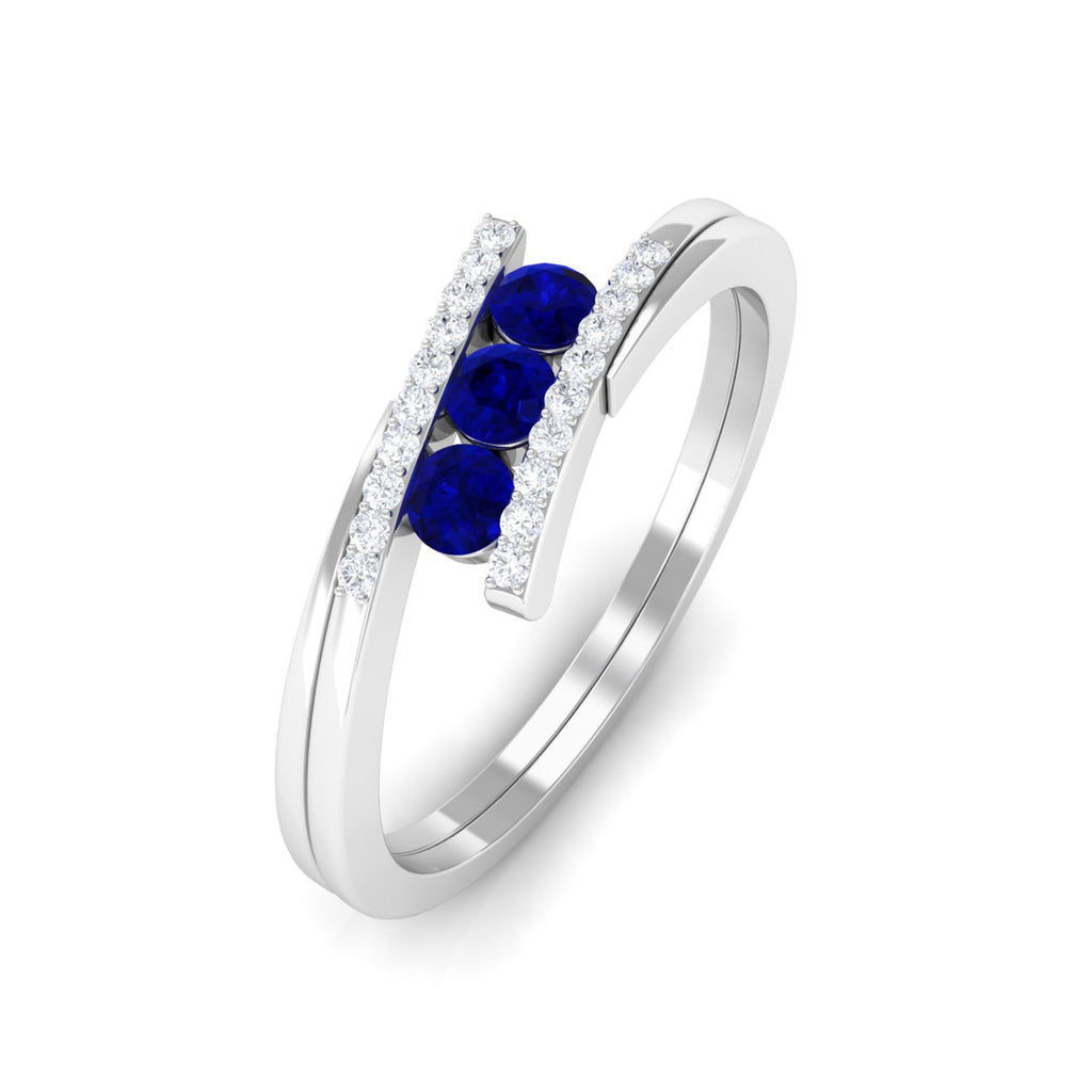 0.50 CT Blue Sapphire Three Stone Bypass Ring with Diamond Accent Blue Sapphire - ( AAA ) - Quality - Rosec Jewels