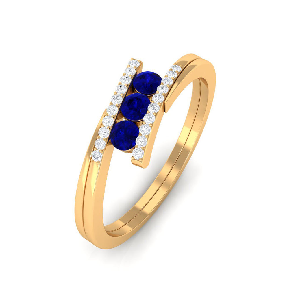 0.50 CT Blue Sapphire Three Stone Bypass Ring with Diamond Accent Blue Sapphire - ( AAA ) - Quality - Rosec Jewels