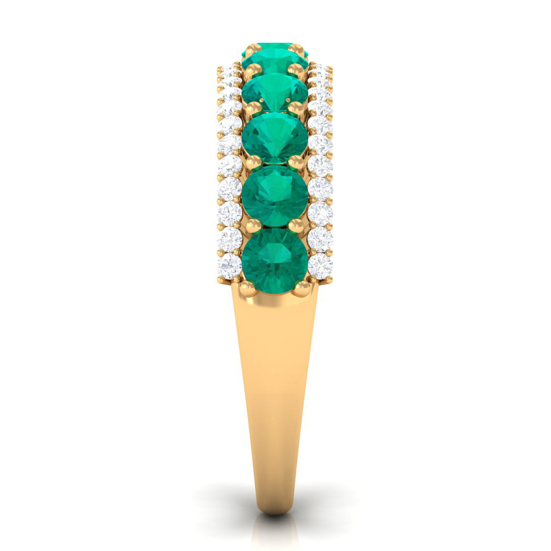 1 CT Round Emerald Classic Half Eternity Band Ring with Diamond Accent Emerald - ( AAA ) - Quality - Rosec Jewels