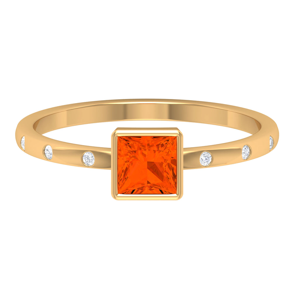 Princess Fire Opal Solitaire Ring with Diamond Sleek Accent Fire Opal - ( AAA ) - Quality - Rosec Jewels