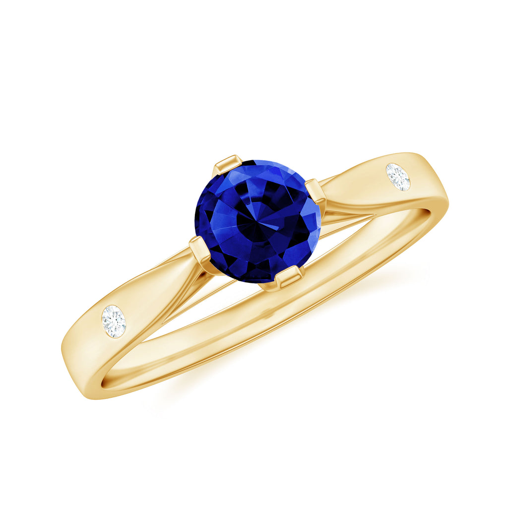 Floral Set Created Blue Sapphire Solitaire Ring with Diamond Lab Created Blue Sapphire - ( AAAA ) - Quality - Rosec Jewels