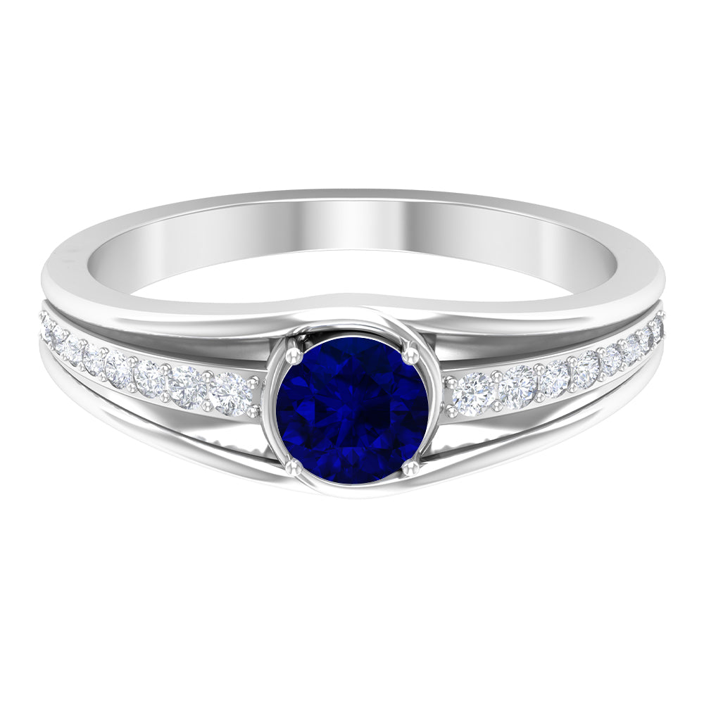 1 CT Created Blue Sapphire and Diamond Classic Engagement Ring Lab Created Blue Sapphire - ( AAAA ) - Quality - Rosec Jewels