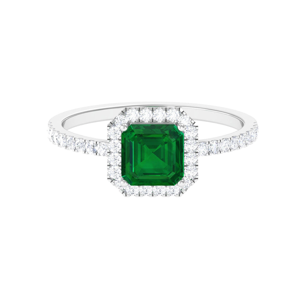Asscher Cut Created Emerald Halo Engagement Ring with Diamond Lab Created Emerald - ( AAAA ) - Quality - Rosec Jewels