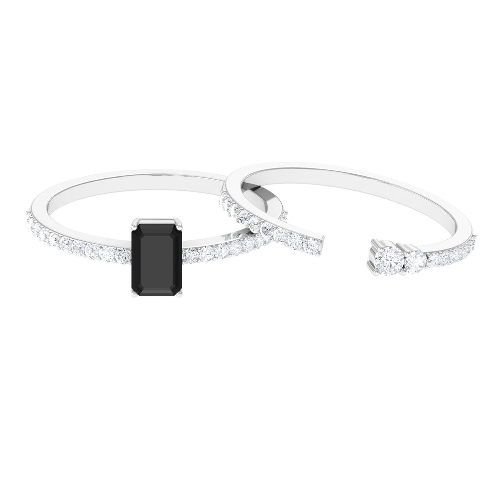 Emerald Cut Created Black Diamond Ring Set with Diamond Lab Created Black Diamond - ( AAAA ) - Quality - Rosec Jewels