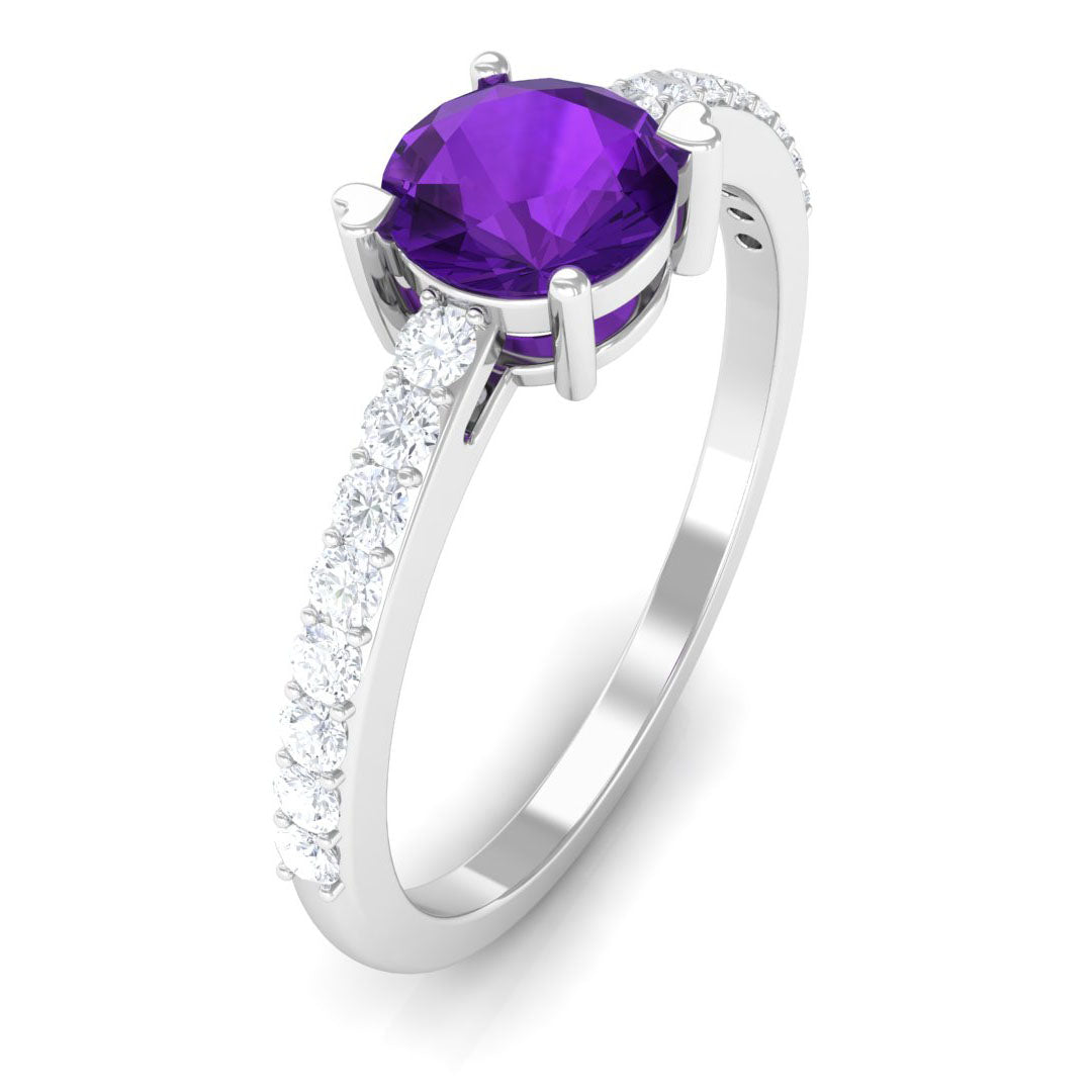 1 CT Round Shape Solitaire Amethyst Designer Promise Ring with Diamond Amethyst - ( AAA ) - Quality - Rosec Jewels