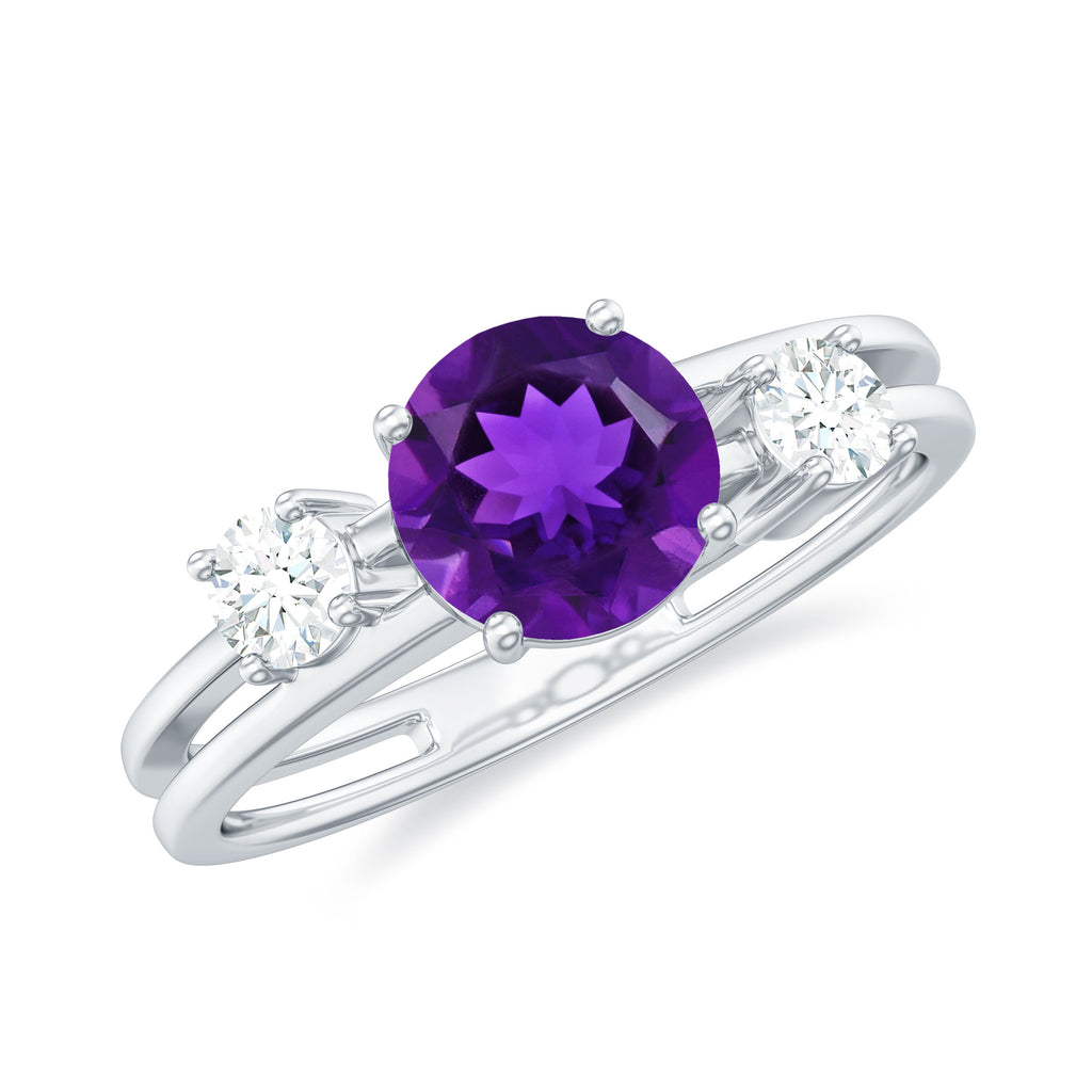 Double Band Engagement Ring with Amethyst and Diamond Amethyst - ( AAA ) - Quality - Rosec Jewels