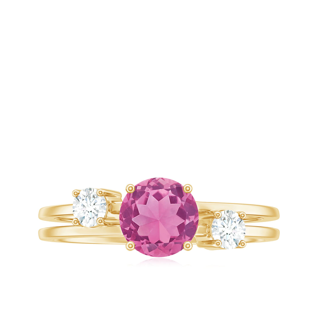 1 CT Genuine Pink Tourmaline Solitaire Double Band Ring with Diamond Pink Tourmaline - ( AAA ) - Quality - Rosec Jewels