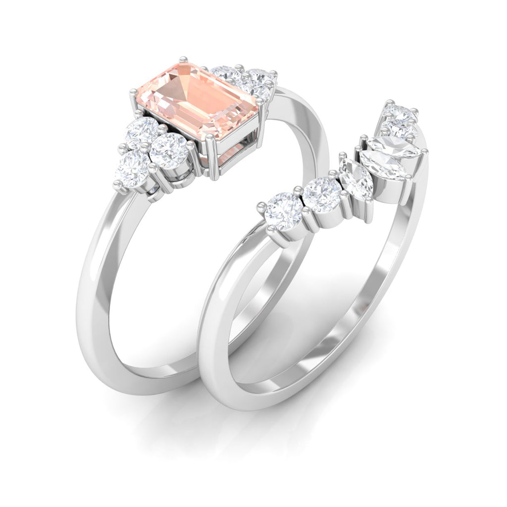 Emerald Cut Morganite Solitaire Stackable Ring Set with Diamond Morganite - ( AAA ) - Quality - Rosec Jewels