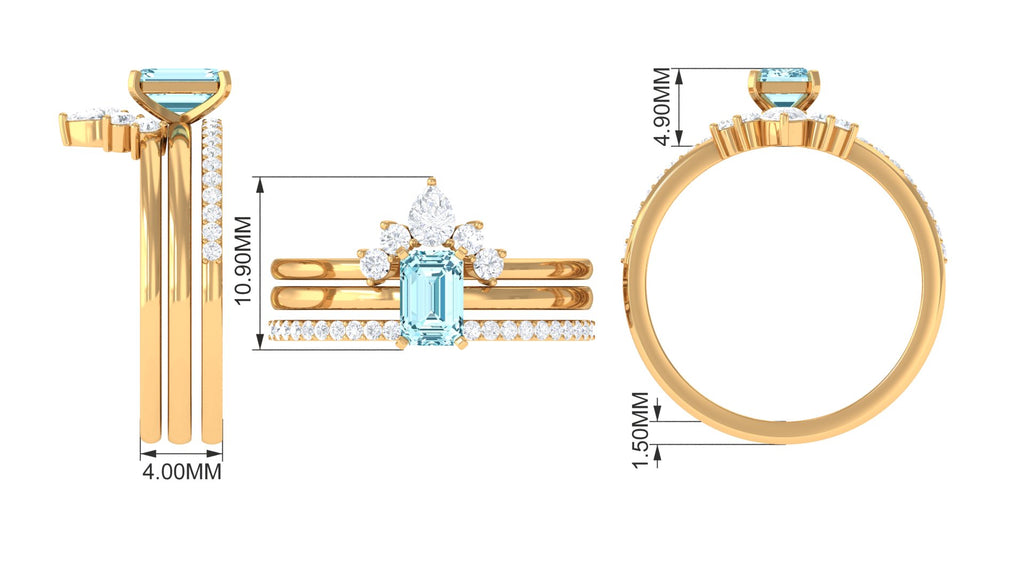 Octagon Aquamarine Solitaire Ring Set of 3 with Diamond Aquamarine - ( AAA ) - Quality - Rosec Jewels