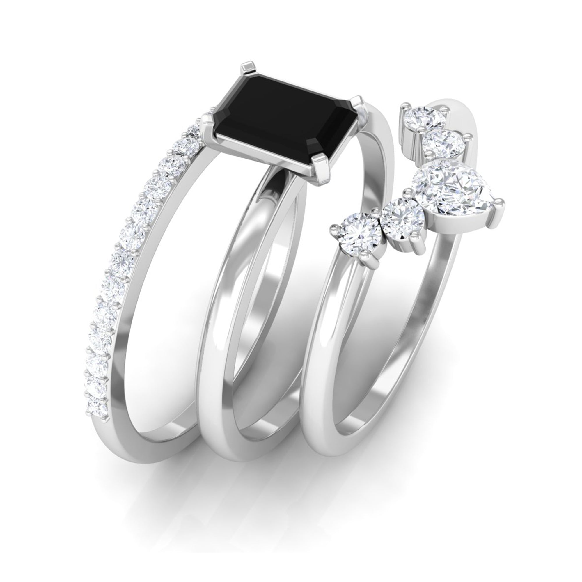Solitaire Black Onyx and Moissanite Three Ring Set Black Onyx - ( AAA ) - Quality - Rosec Jewels