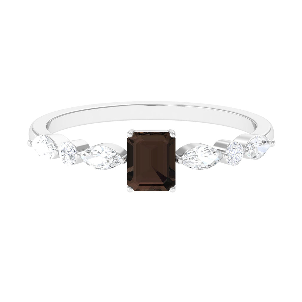Octagon Cut Smoky Quartz Solitaire Ring with Diamond Smoky Quartz - ( AAA ) - Quality - Rosec Jewels