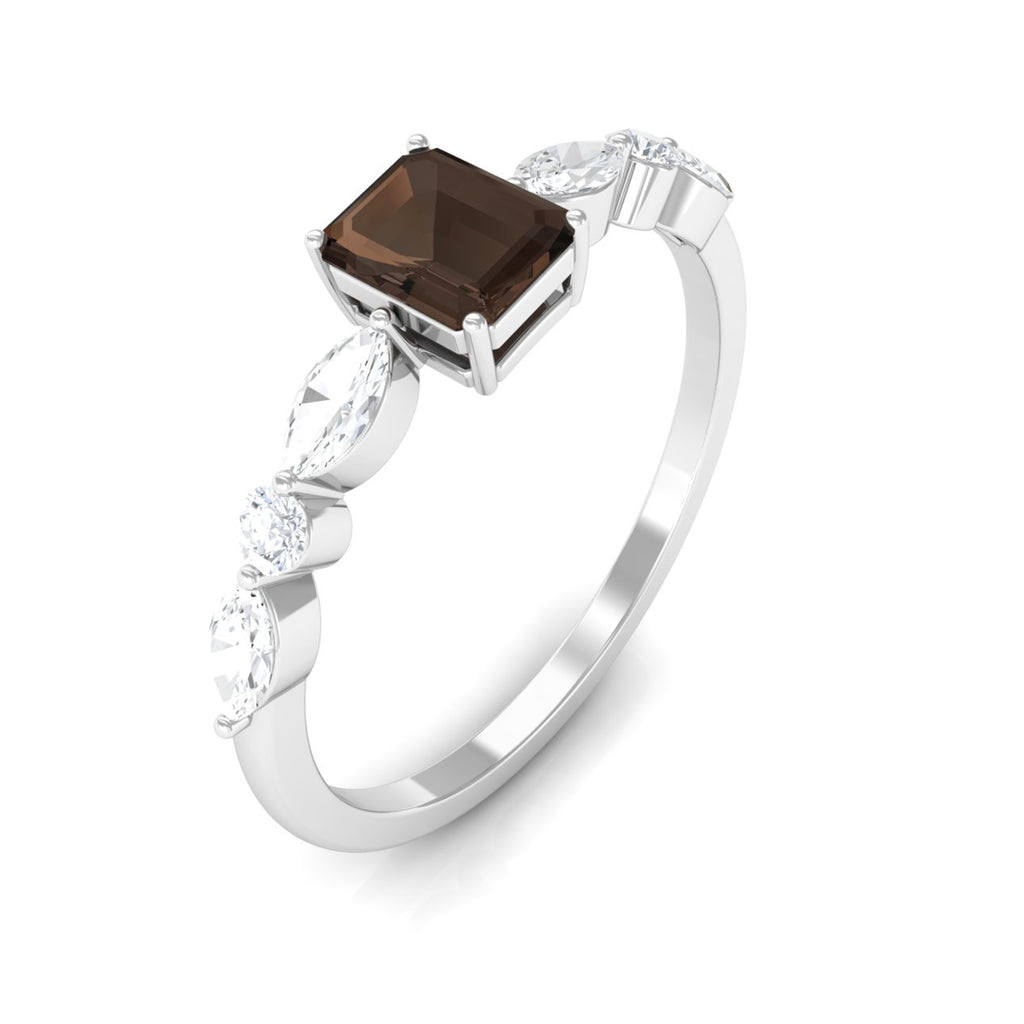 Octagon Cut Smoky Quartz Solitaire Ring with Diamond Smoky Quartz - ( AAA ) - Quality - Rosec Jewels