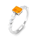 Emerald Cut Fire Opal Solitaire Ring with Diamond Side Stones Fire Opal - ( AAA ) - Quality - Rosec Jewels