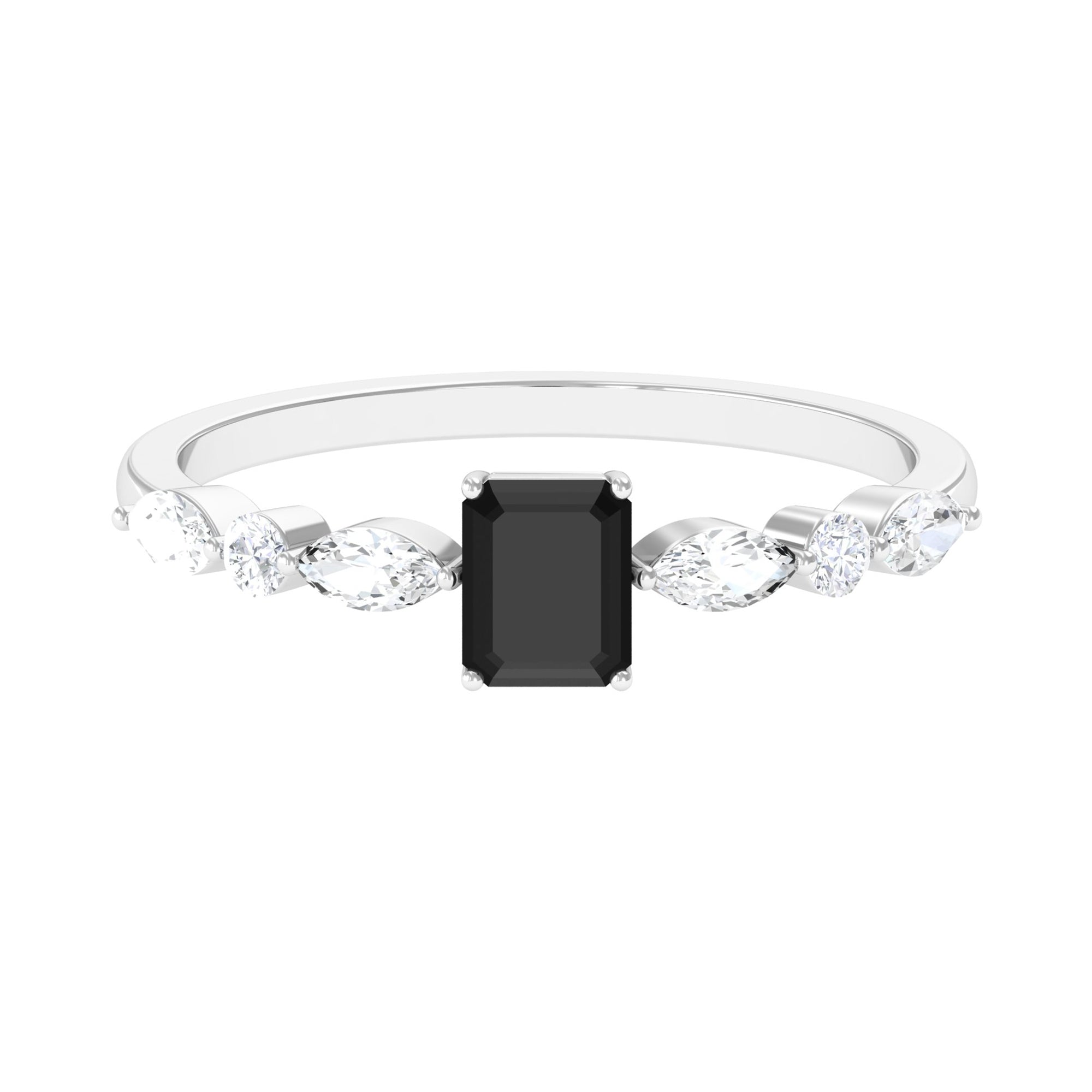 Octagon Cut Black Spinel Promise Ring with Diamond Side Stones Black Spinel - ( AAA ) - Quality - Rosec Jewels