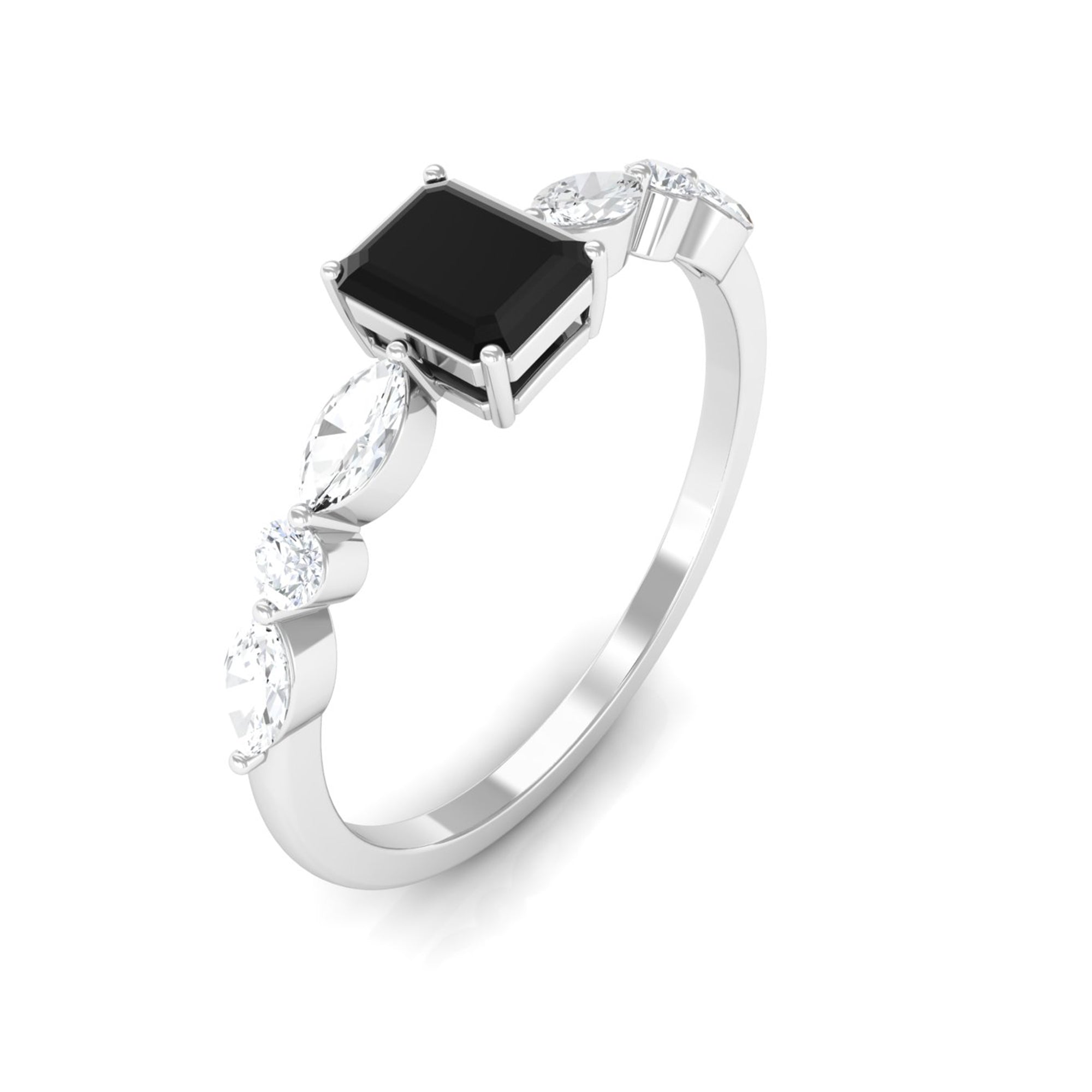 Octagon Cut Black Spinel Promise Ring with Diamond Side Stones Black Spinel - ( AAA ) - Quality - Rosec Jewels
