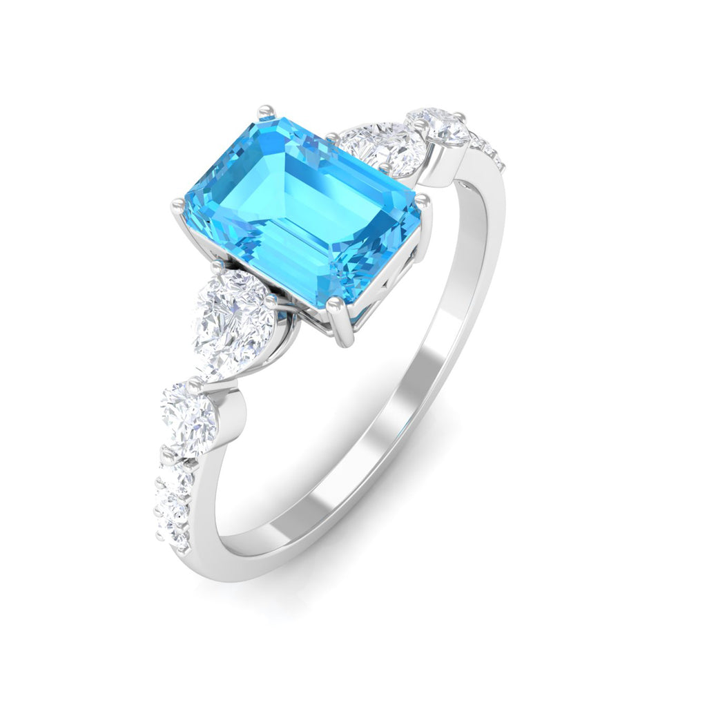 Classic Emerald Cut Swiss Blue Topaz Solitaire Engagement Ring with Moissanite Swiss Blue Topaz - ( AAA ) - Quality - Rosec Jewels