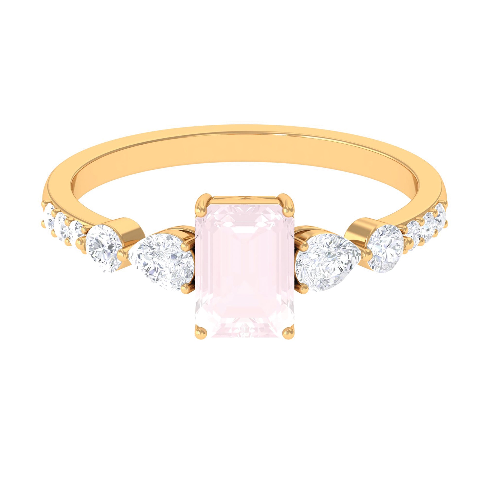 Classic Rose Quartz Solitaire Ring with Moissanite Stones Rose Quartz - ( AAA ) - Quality - Rosec Jewels