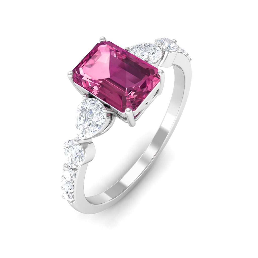 Classic Emerald Cut Pink tourmaline Solitaire Engagement Ring with Moissanite Pink Tourmaline - ( AAA ) - Quality - Rosec Jewels