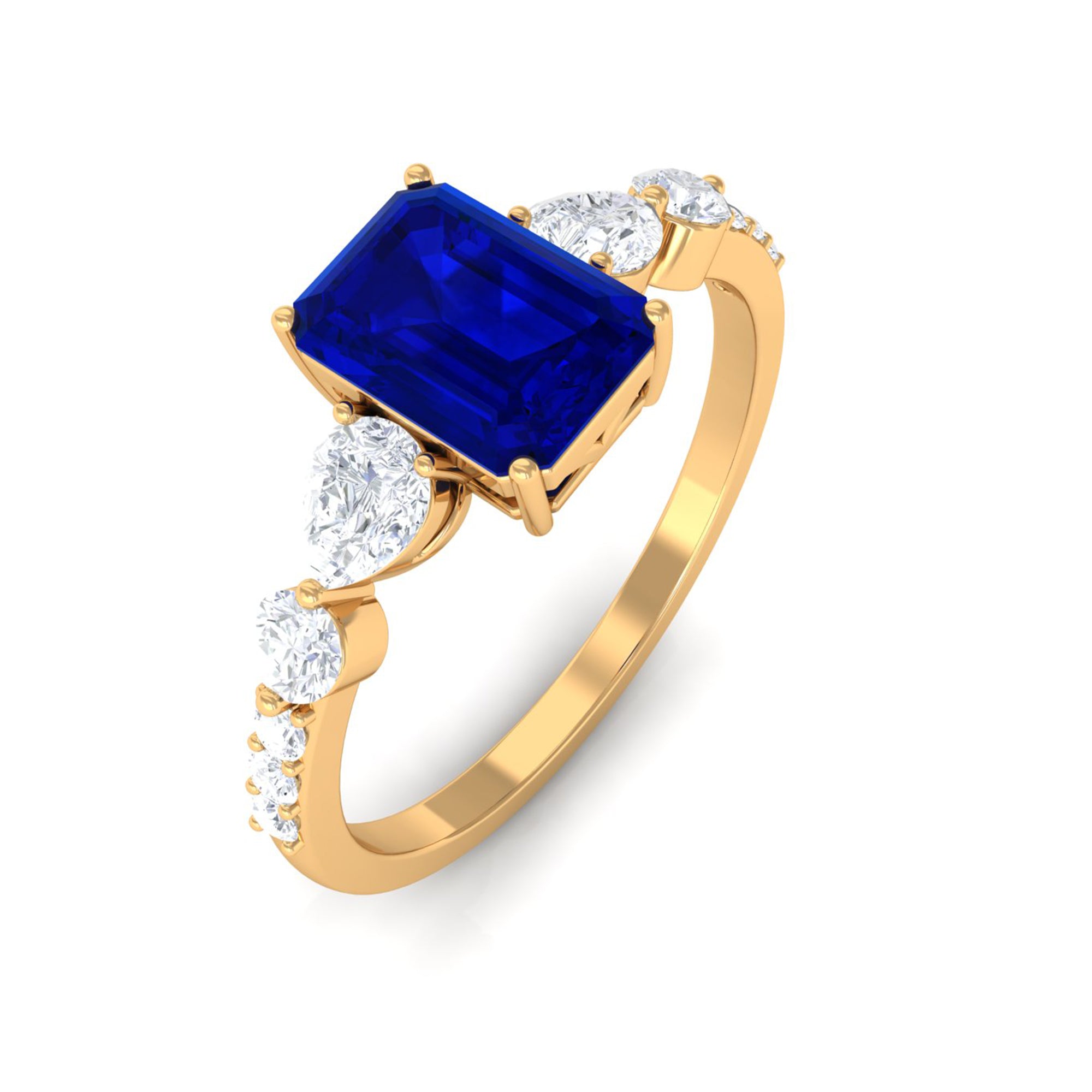 Created Blue Sapphire Classic Solitaire Engagement Ring with Diamond Lab Created Blue Sapphire - ( AAAA ) - Quality - Rosec Jewels