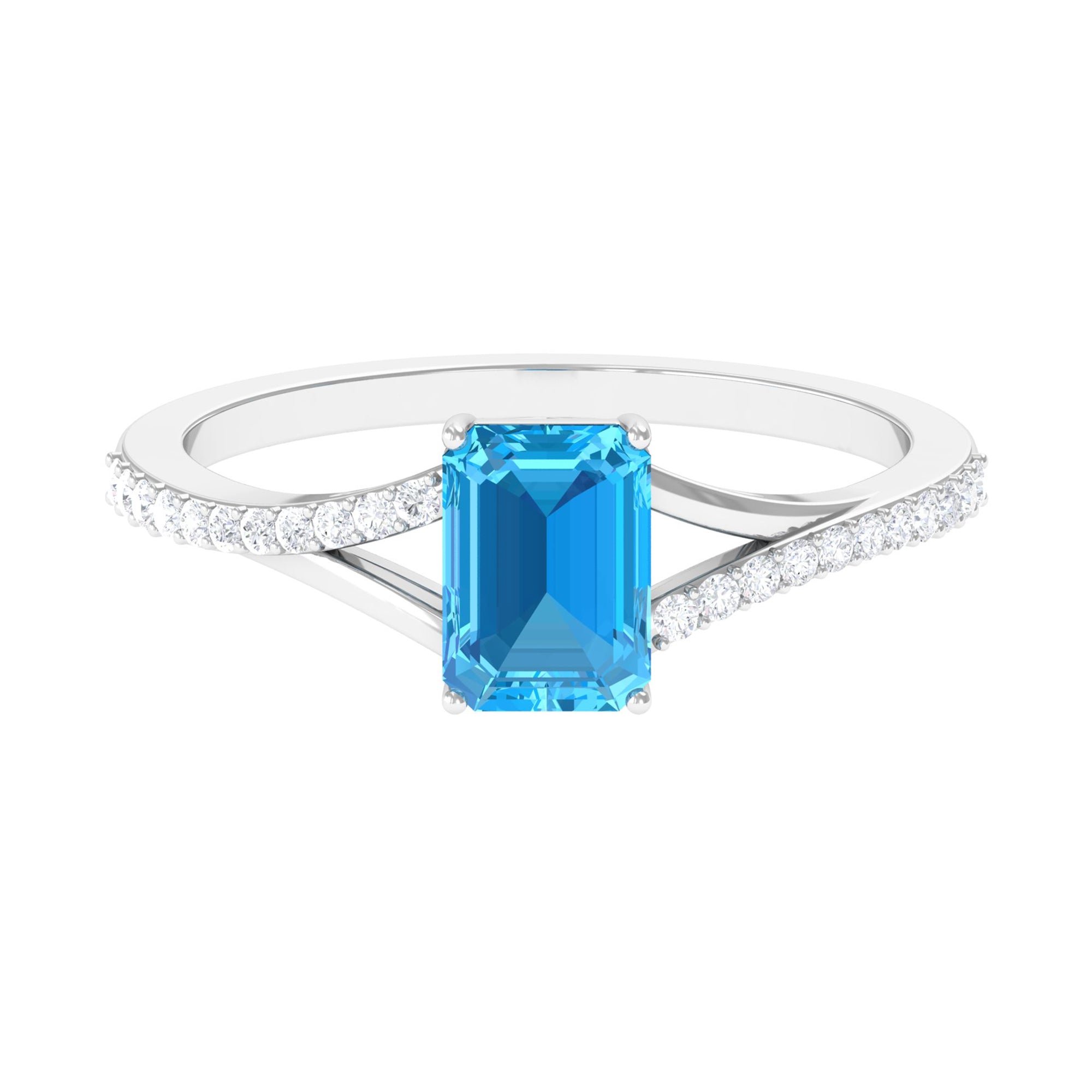 Real Swiss Blue Topaz Solitaire Ring with Diamond Accent Swiss Blue Topaz - ( AAA ) - Quality - Rosec Jewels