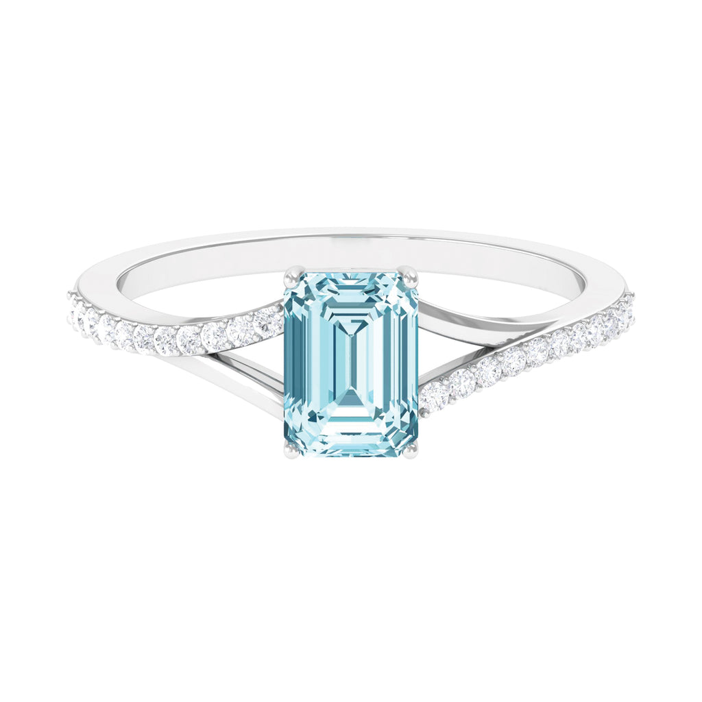 Octagon Cut Solitaire Aquamarine Engagement Ring with Diamond Aquamarine - ( AAA ) - Quality - Rosec Jewels
