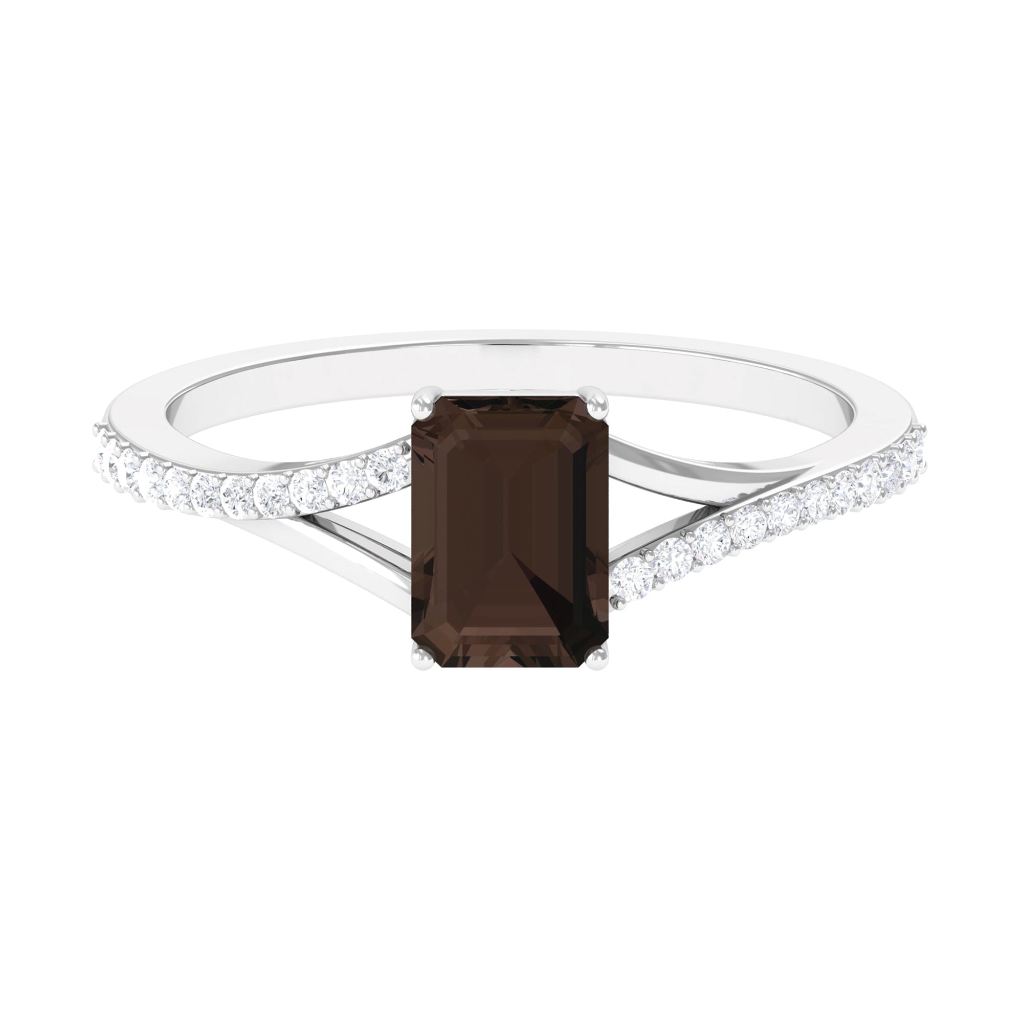 Octagon Cut Smoky Quartz Solitaire Split Shank Ring with Diamond Smoky Quartz - ( AAA ) - Quality - Rosec Jewels