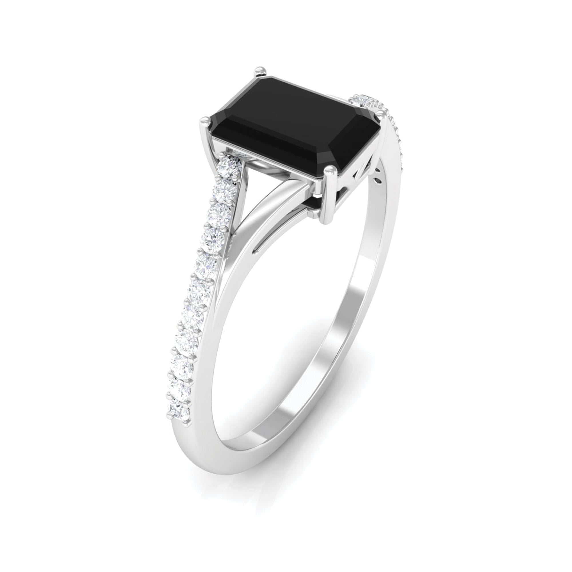 Solitaire Black Onyx Split Shank Engagement Ring with Diamond Black Onyx - ( AAA ) - Quality - Rosec Jewels